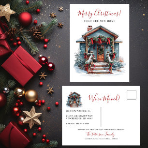 Cartão Postal De Anúncio Feliz Natal Rústico Nova Casa Porta Frontal Mudanç