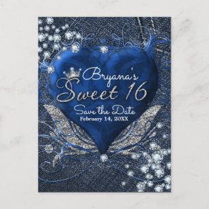 Cartão Postal De Anúncio Festa de 16 anos Coração de Denim e Diamantes Salv