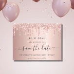 Cartão Postal De Anúncio Festa de aniversário rosa de dourada, salvar a dat<br><div class="desc">Uma cinta e moda Salve a placa Date para uma festa de aniversário 40th (ou qualquer idade). Um fundo metálico cor-de-rosa feminina, rosa dourado falso, decorado com pingos falsos de rosa dourado. Personalize e adicione uma data e nome/idade 40. Letras rosa escuras de cor dourada. O texto: Salvar a Data...</div>