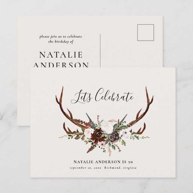 Cartão Postal De Anúncio Festa de aniversário rústica com folhagem e galhad (Frente/Verso)