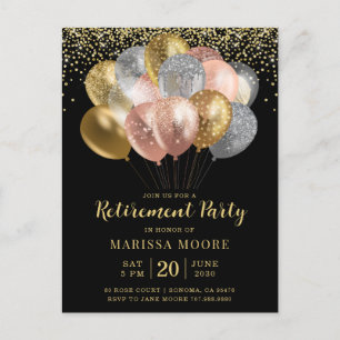 Cartão Postal De Anúncio Festa de Aposentadoria Rose Gold Prata Preto