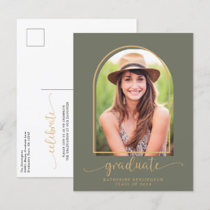 Cartão Postal De Anúncio Festa de Formatura Foto Boho Arco Verde Dourado