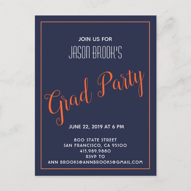 Cartão Postal De Anúncio Festa de Graduação Preto e Laranja Branco (Frente)