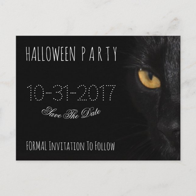 Cartão Postal De Anúncio Festa de Halloween Personalizada Salve a Data Gato (Frente)