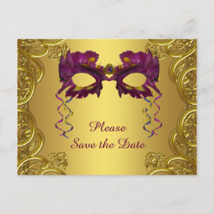 Cartão Postal De Anúncio Festa de Máscaras Roxo e Dourado Save The Date