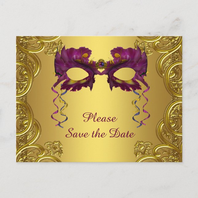Cartão Postal De Anúncio Festa de Máscaras Roxo e Dourado Save The Date (Frente)