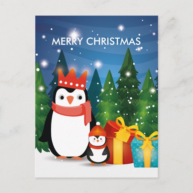Cartão Postal De Anúncio Festa de Natal de Inverno Família de Pinguins (Frente)