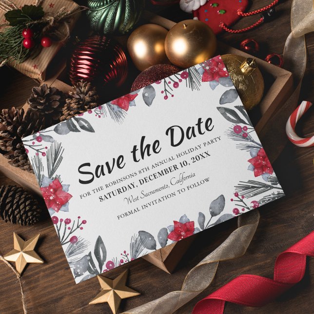 Cartão Postal De Anúncio Festa de Natal Floral Save the Date (Criador carregado)