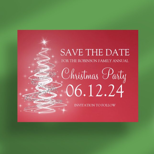 Cartão Postal De Anúncio Festa de Natal Salve a Data Árvore Brilhante Verme (Christmas Party Save The Date Sparkling Tree Red Announcement Postcard)