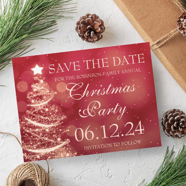 Cartão Postal De Anúncio Festa de Natal Vermelha Elegante Salve a Data (Elegant Red Christmas Party Save The Date Announcement Postcard)