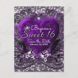 Cartão Postal De Anúncio Festa de Purple & Silver Heart Sweet 16 Salve a Da