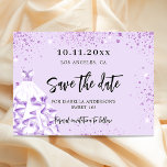 Cartão Postal De Anúncio Festa de roupas violetas de aniversário salve o ca<br><div class="desc">A Save the Date card for a Sweet 16, 16 (ou qualquer idade) festa de aniversário. Um fundo violeta, colorido de lavanda, decorado com brilho violeta, brilhos. Personalize e adicione uma data e nome/idade. O texto: Salvar a Data é gravado com um script de estilo com letra de tendência grande....</div>