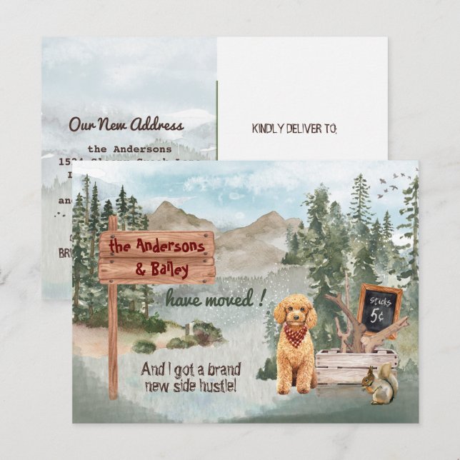 Cartão Postal De Anúncio Filhote de Goldendoodle se Mudando para Novos Bosq (Frente/Verso)