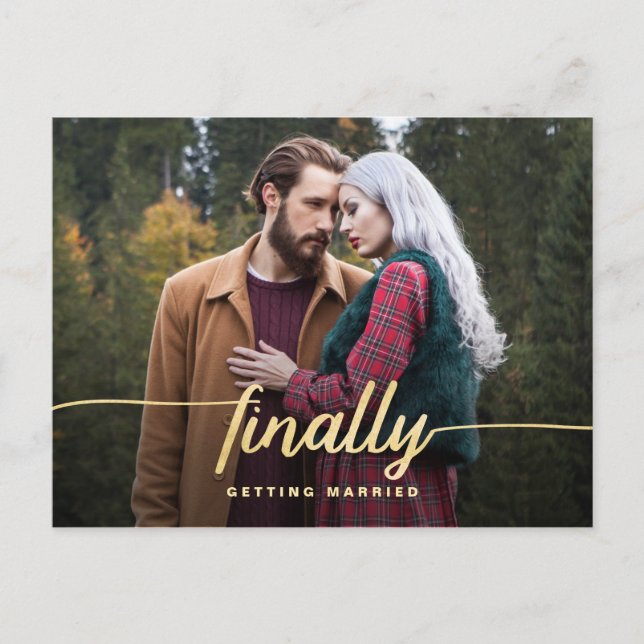 Cartão Postal De Anúncio Finalmente Roteiro Dourado Divertido Casamento Sal (Frente)