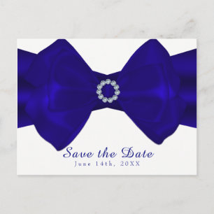 Cartão Postal De Anúncio Fita Azul Royal & Diamantes Save the Date Elegante