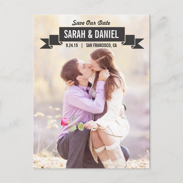 Cartão Postal De Anúncio Fita Encantadora Salva A Data - Preto (Frente)