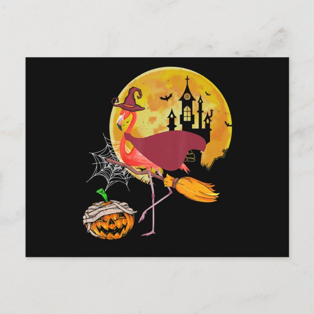 Cartão Postal De Anúncio Flamingo | Flamingo Riding Broom Pumpkin Halloween (Frente)