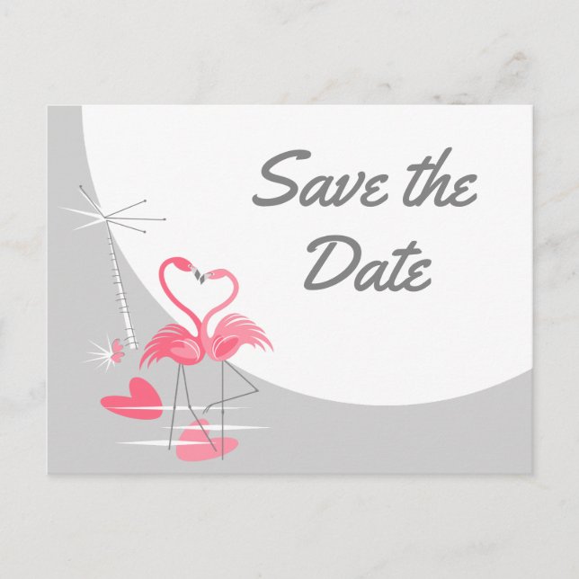 Cartão Postal De Anúncio Flamingo Love Large Moon Save Date text (Frente)