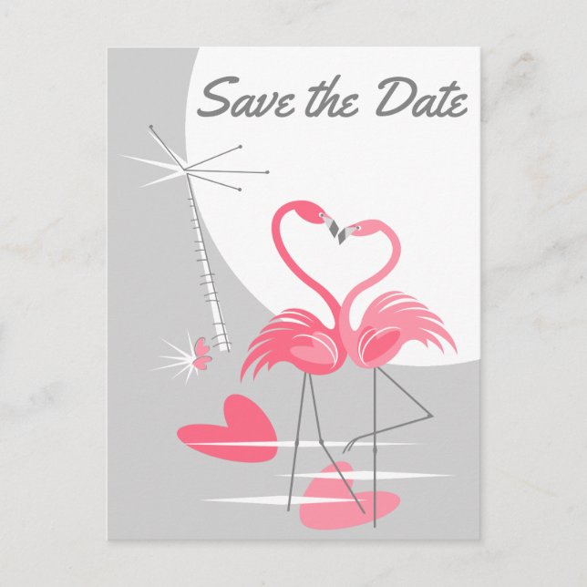 Cartão Postal De Anúncio Flamingo Love Large Moon Save Date vertical (Frente)