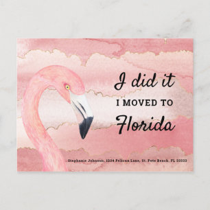 Cartão Postal De Anúncio Flamingo Rosa Nuvens de Aquarela Eu me Mudei para