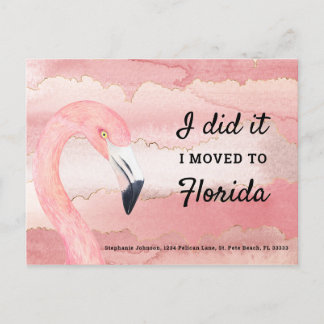 Cartão Postal De Anúncio Flamingo Rosa Nuvens de Aquarela Eu me Mudei para