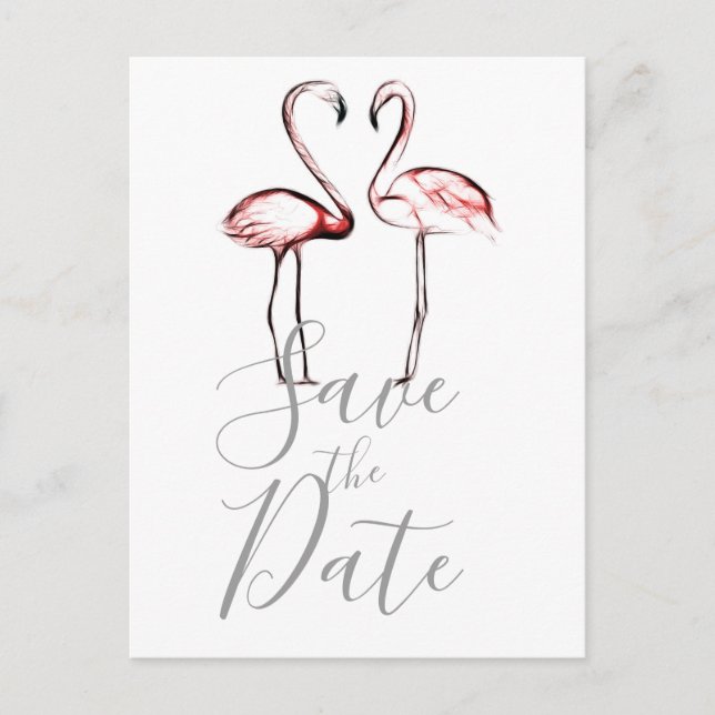Cartão Postal De Anúncio Flamingos Rosa Bege Marble Salve a Data (Frente)
