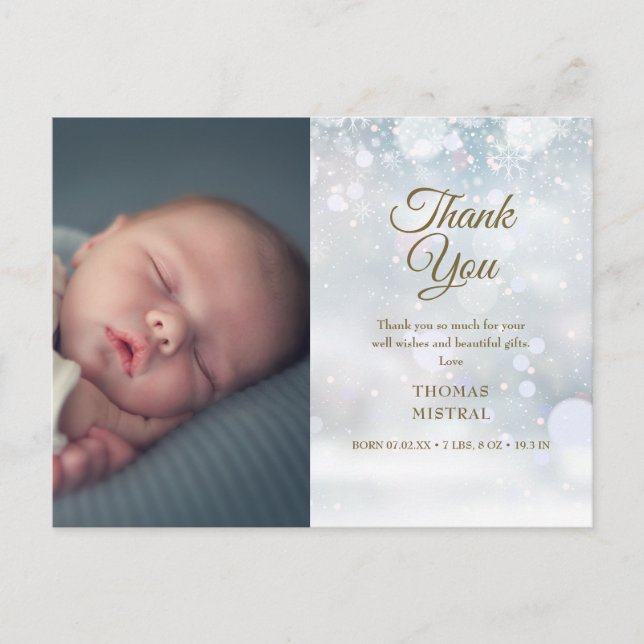 Cartão Postal De Anúncio Flocos de neve de invernoObrigado Foto Nascimento  (Frente)