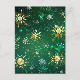Cartão Postal De Anúncio Flocos de Neve Dourados de Natal em Fundo Verde