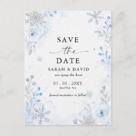 Cartão Postal De Anúncio Flocos de Neve Florais Azul Prata Casamento de Inv