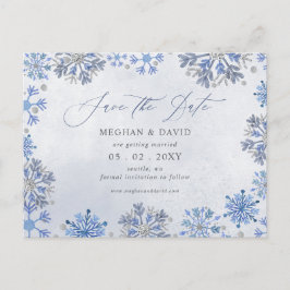 Cartão Postal De Anúncio Flocos de Neve Prata Azul Natal Inverno Casamento