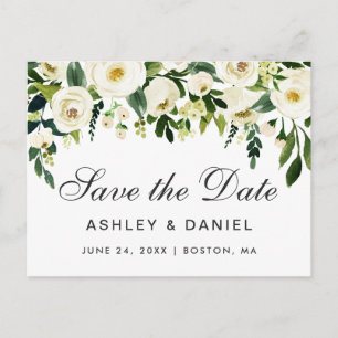 Cartão Postal De Anúncio Florais em Aquarela Verde Branco Save The Date