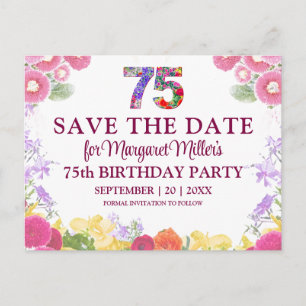 Cartão Postal De Anúncio Floral 75º Aniversário Save the Date Elegante
