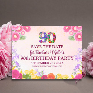Cartão Postal De Anúncio Floral 90º aniversário salve a data - pastel 90