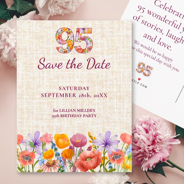 Cartão Postal De Anúncio Floral 95th Birthday - 95 Modern Save the Date (Criador carregado)