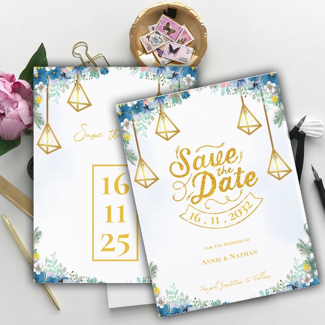 Cartão Postal De Anúncio Floral Amarelo Trendy Azul Com Casamento De Lanter (Trendy Blue Yellow Floral With Lanterns Wedding Announcement Postcard)