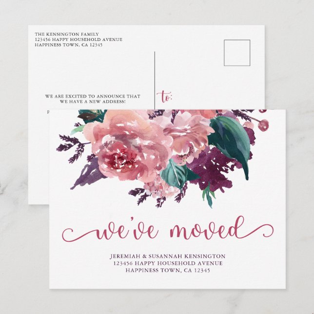 Cartão Postal De Anúncio Floral Aquarela Elegante Mudamos Novo Endereço (Frente/Verso)