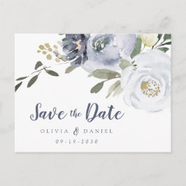 Cartão Postal De Anúncio Floral azul empoeirado botânico salve a data