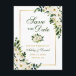 Cartão Postal De Anúncio Floral Branco Verde Elegante Salvar a Data Dourada<br><div class="desc">Azul Branco Verde,  Elegante Moderno,  De Cor D'Água,  Dourado Salve O Cartão-Postal Do Noivado De Data</div>