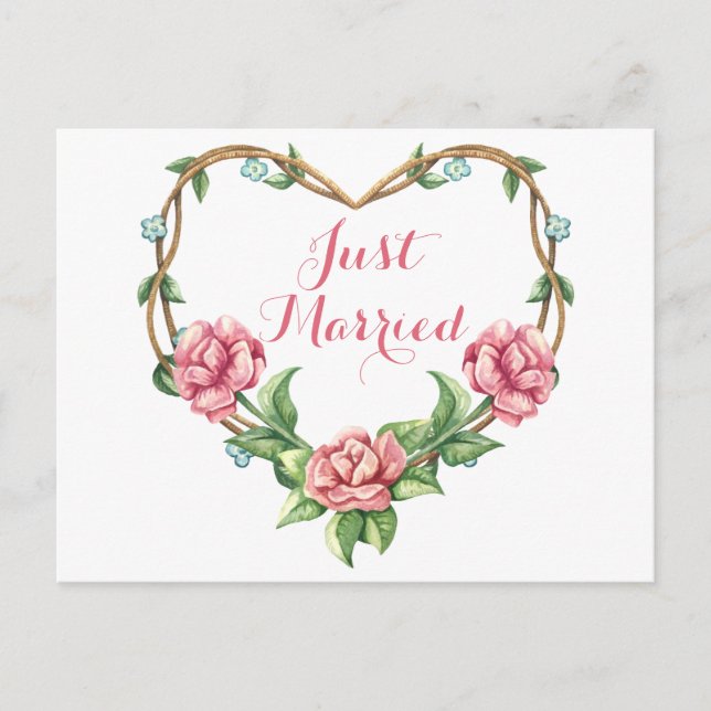 Cartão Postal De Anúncio Floral Casamento Recém-casados Aquarela Rosa Rosa  (Frente)