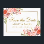 Cartão Postal De Anúncio Floral Coral Aquarela Dourado Save the Date<br><div class="desc">Cartão Postal de Noivado Floral Coral Aquarela Dourado Save The Date - Texto Dourado</div>