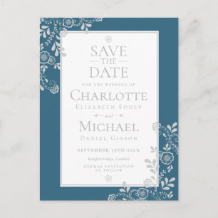 Cartão Postal De Anúncio Floral de Renda Azul Prata Save the Date