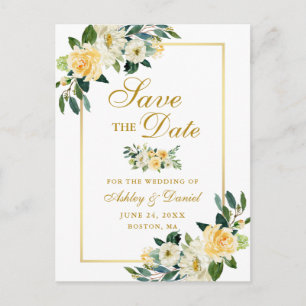 Cartão Postal De Anúncio Floral Dourado Amarelo Elegante Salvar a Data