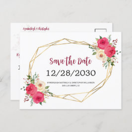 Cartão Postal De Anúncio Floral Geométrico de Bordô para Casamento Save the