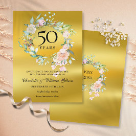 Cartão Postal De Anúncio Floral Gold Foil 50º Aniversário Salvar a Data