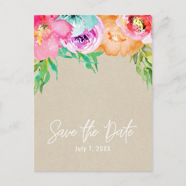 Cartão Postal De Anúncio Floral Marrom Claro Kraft Moderno Save the Date (Frente)