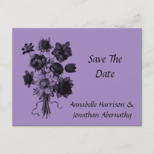 Cartão Postal De Anúncio Floral Preto e Roxo Salvar a Data