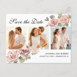 Cartão Postal De Anúncio Floral Rosa 3 Fotos Casamento Salve a Data