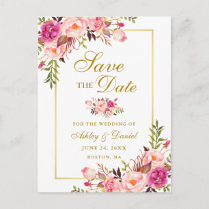 Cartão Postal De Anúncio Floral Rosa Elegante Salvar a Data Dourada