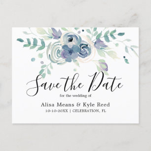 Cartão Postal De Anúncio Floral Roxo Aquarela Salve a Data