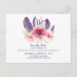 Cartão Postal De Anúncio Floral Vintage Boho Feather Salve a Data